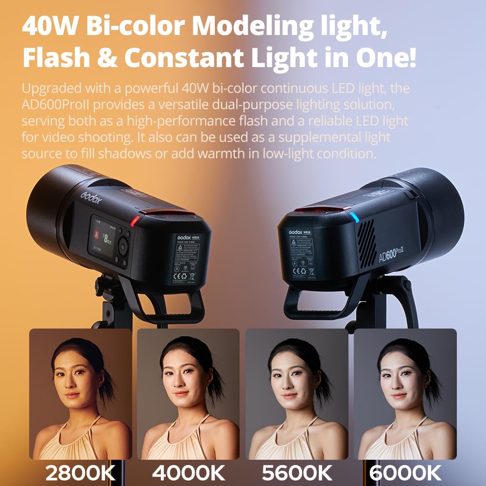 Godox AD600ProII AD600 Pro 600 Ws Flash per esterni, sistema X 2.4 G, TTL GN87 HSS 1/8000s, 40 W Bi-Color 2800K-6000K, 0.01s~0.9s tempo di riciclaggio, 2600mAh Batteria al litio AD600PRO