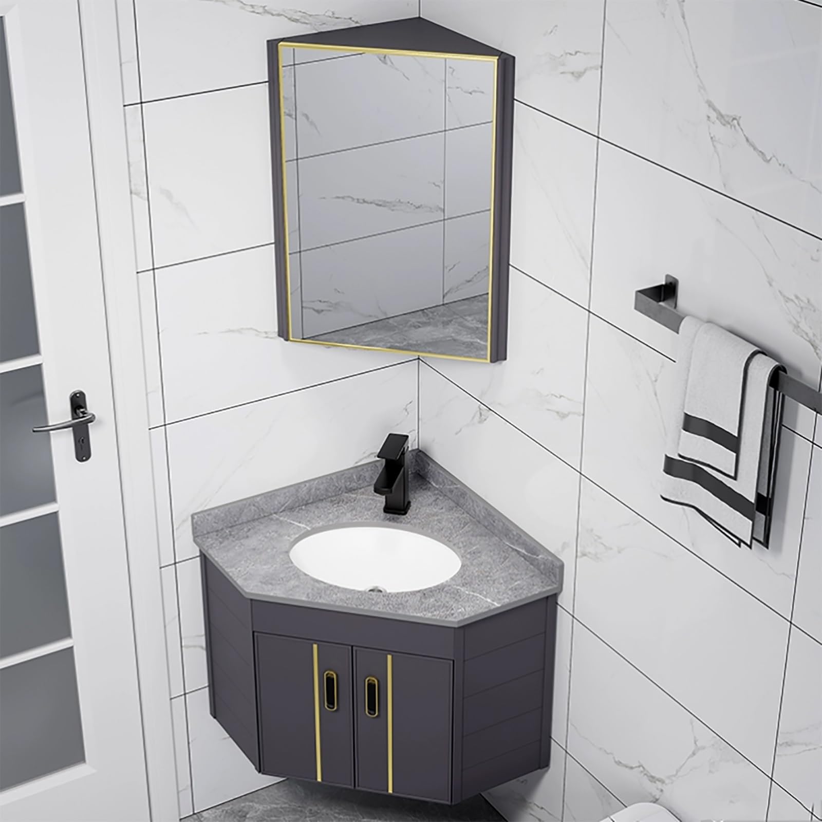 Moderno lavabo esquinero de pared para baño, diseño flotante que ahorra espacio con gabinete de profundidad delgada, perfecto para baños pequeños y espacios reducidos