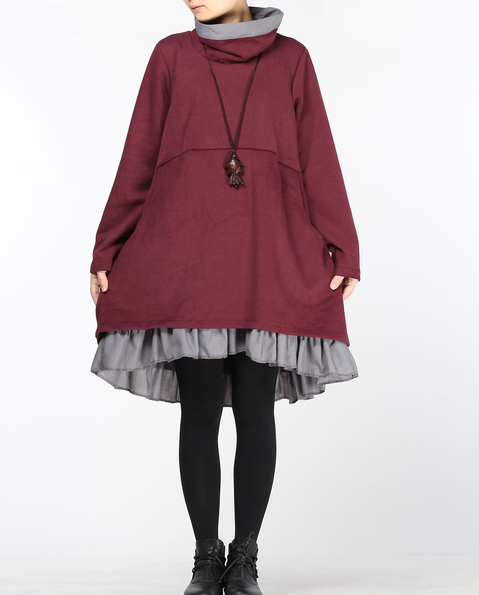 Minibee Abito da donna oversize a collo alto, a maniche lunghe, tunica top, abito svasato con tasche