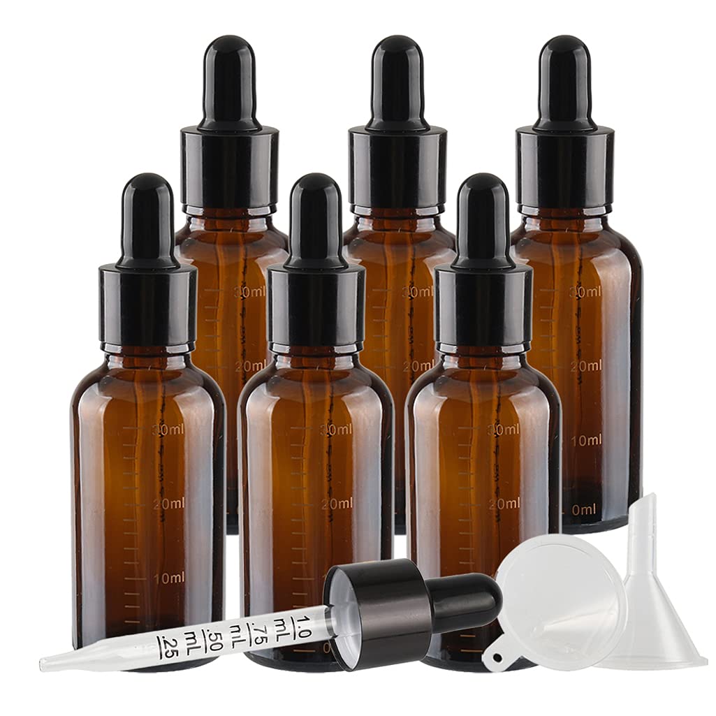 6 Pezzi 50 ml Vuote contagocce bottiglie di vetro, in vetro Ambra Marrone con contagocce graduato,riutilizzabili per oli essenziali,Laboratorio,Olio Essenziale, Aromaterapia