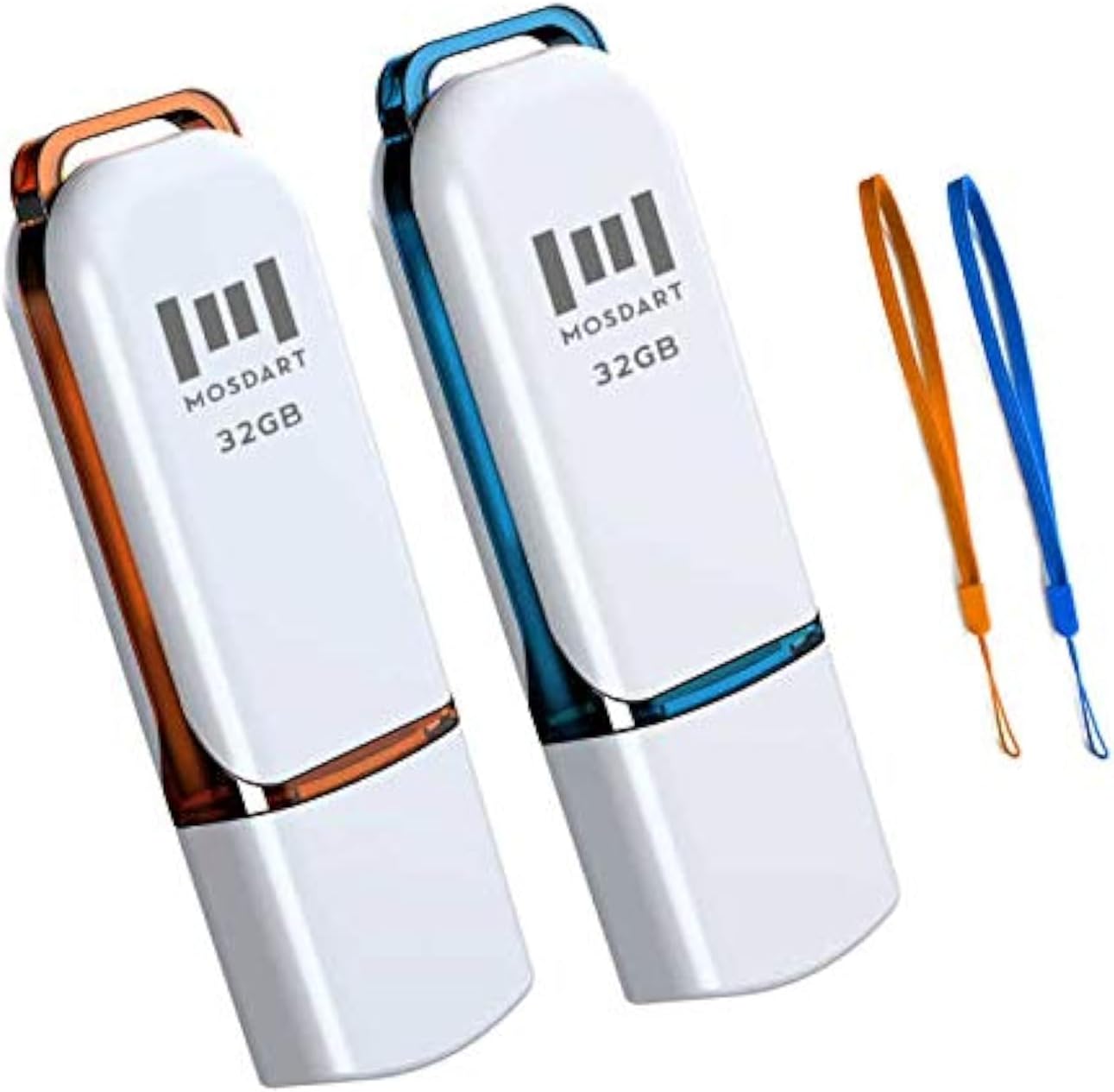 32GB USB 2.0 Flash Drive, with LED Light and Lanyards, FAT32 Memory Stick for Computers, System Backup, Data Storage, Orange and Blue(Pack of 2)