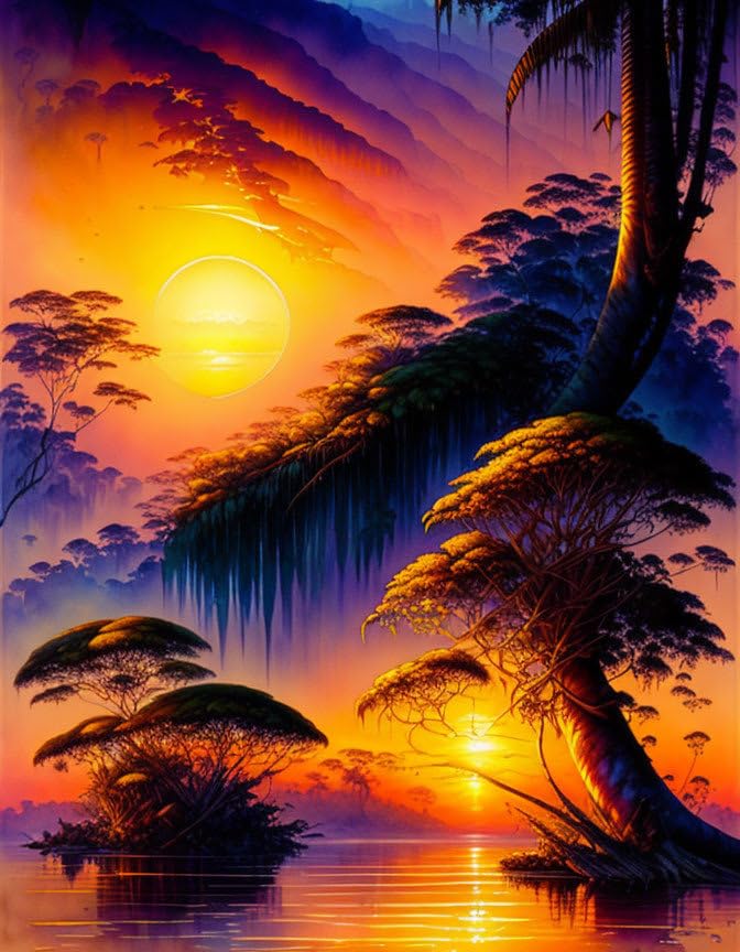 Peinture sur toile paysage jungle déco murale Brésil coucher soleil sans cadre 58x90