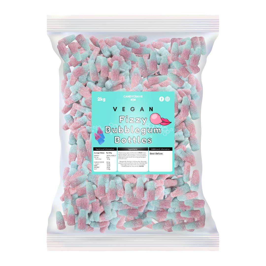Candycrave Fizzy Bubblegum Bottles – 2 kg Bulk Bag | Vegan | Fizzy Coating | Bottle Shape