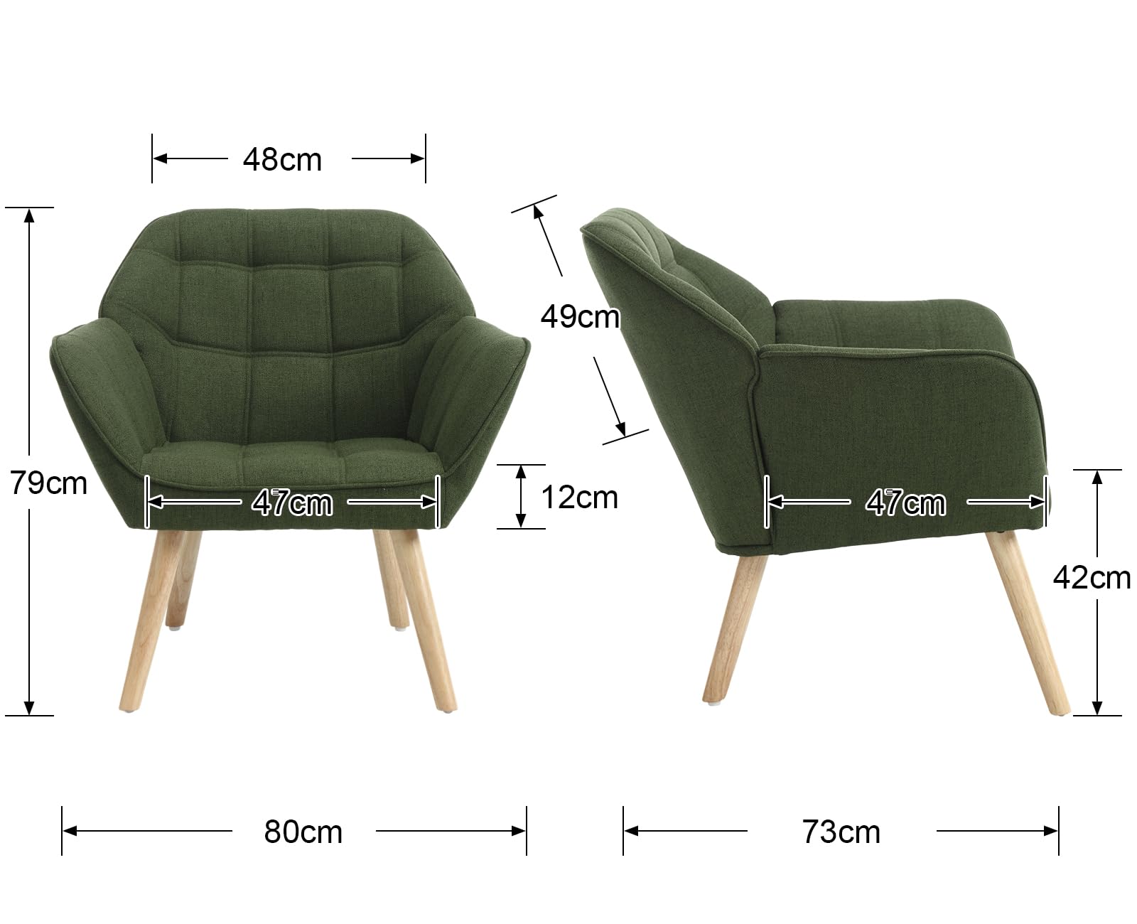 Ya-Home Fauteuil de Salon avec Pieds en Bois Chaise de Salon en Lin Moderne Fauteuil Rembourré pour Chambre, Vert