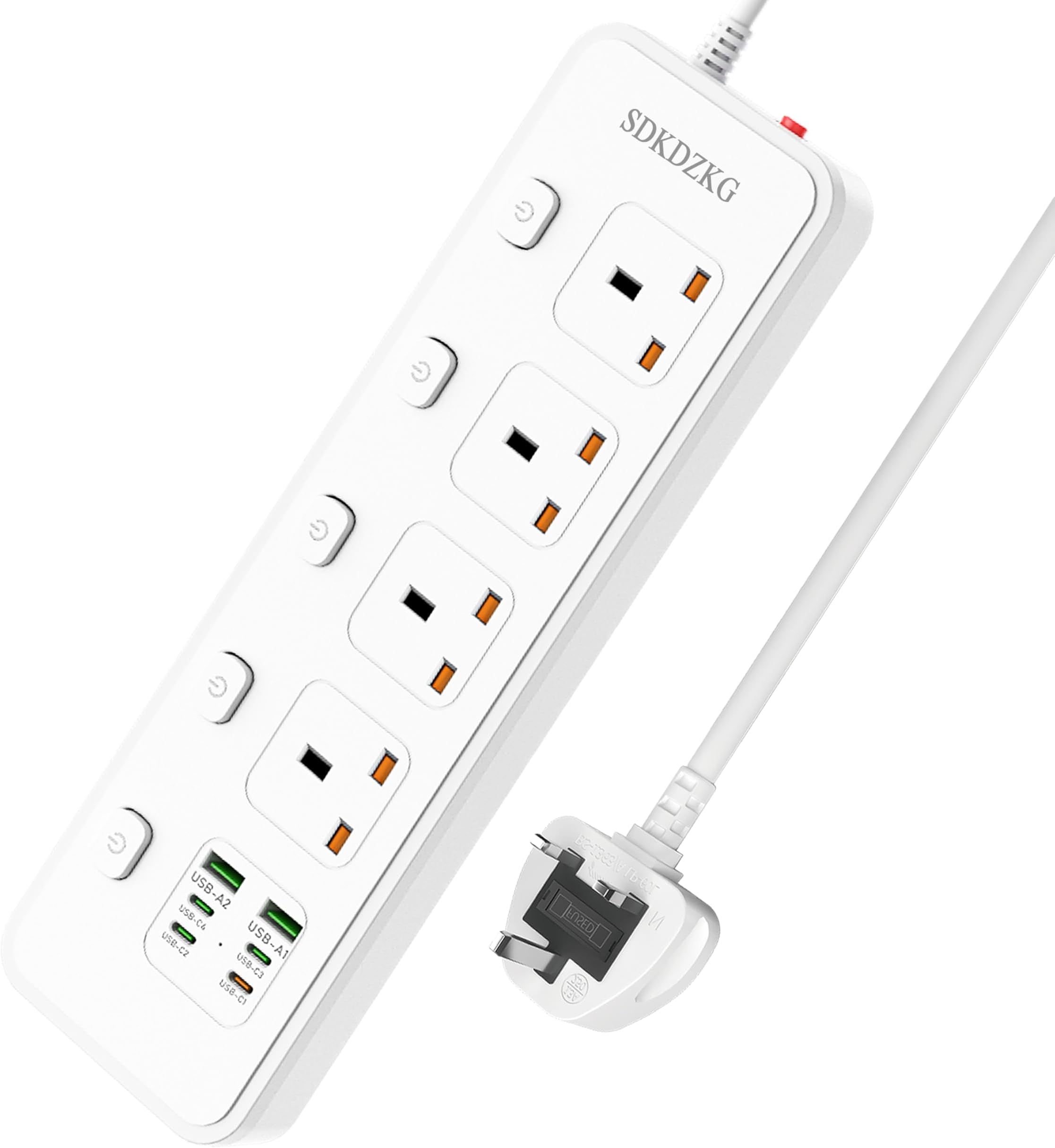 Extension Lead with 4 USB-C Ports (1 PD 35W Type-C) and 2 USB-A Ports, 4 Way Sockets Outlets(13A/3250W) Power Strip with Individual Switches Overload Protection and 2M Extension cord for Home