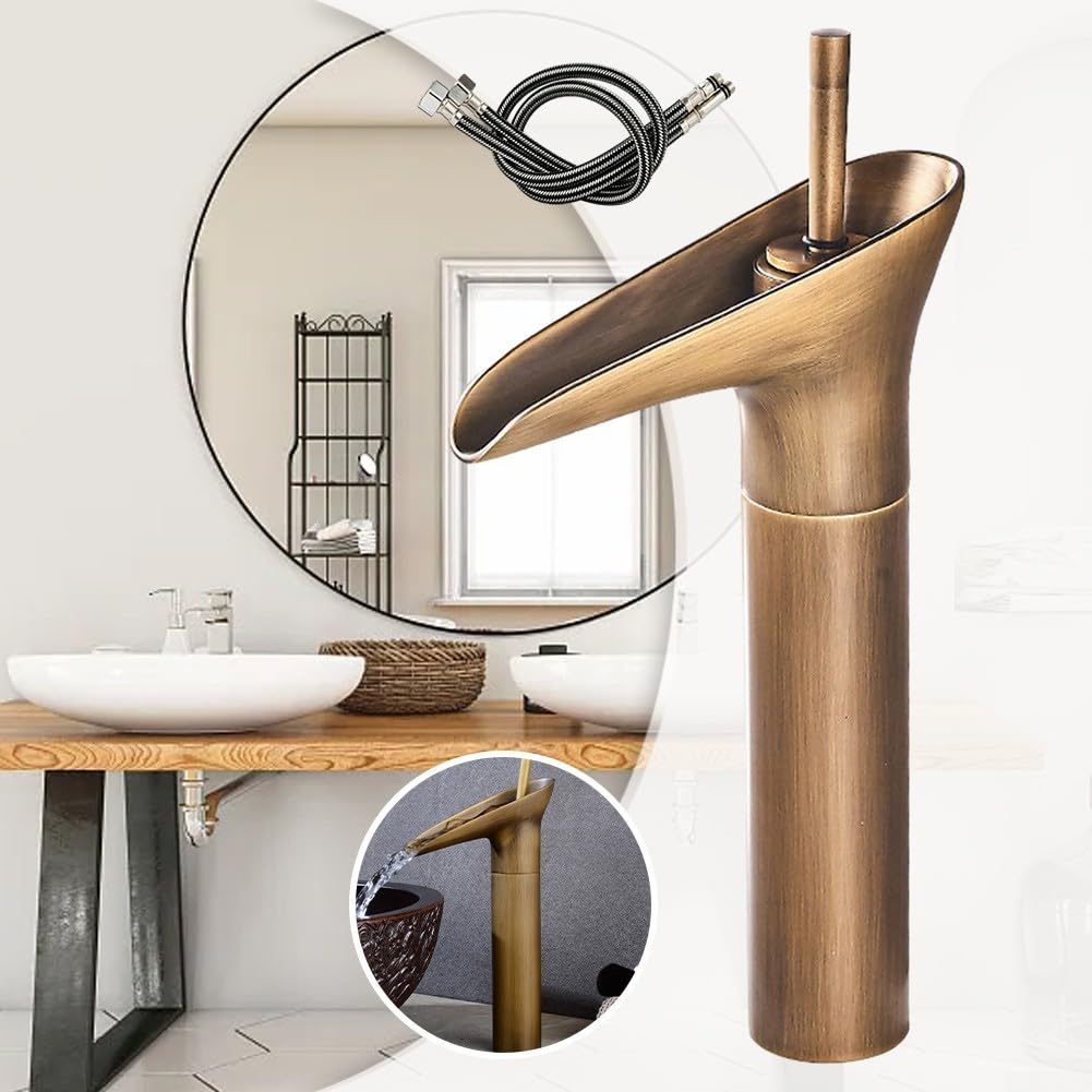 EasyByMall Robinet mitigeur de lavabo cascade, robinet d'évier de salle de bain, robinet de tasse à vin en cuivre, robinet mélangeur de lavabo chaud et froid, robinet à levier unique en laiton