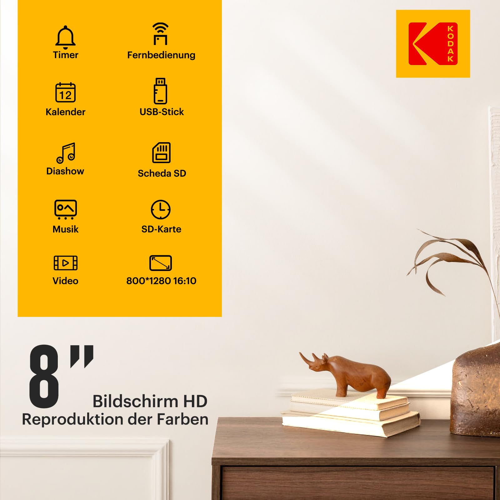 KODAK Digitaler Bilderrahmen 8 Zoll 1280x800 IPS-Bildschirm 178° Betrachtungswinkel USB SD-Karte Fernbedienung
