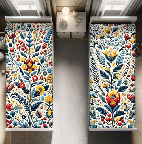 Ambesonne Art Floral Fitted Sheet Set, Modern Interpretation of Leafy Blooming Flowers Boho Botany Details, 2 Pack Comfortable Bedding All-Round Elastic Pocket, Twin Size, Sea Blue Red Mustard