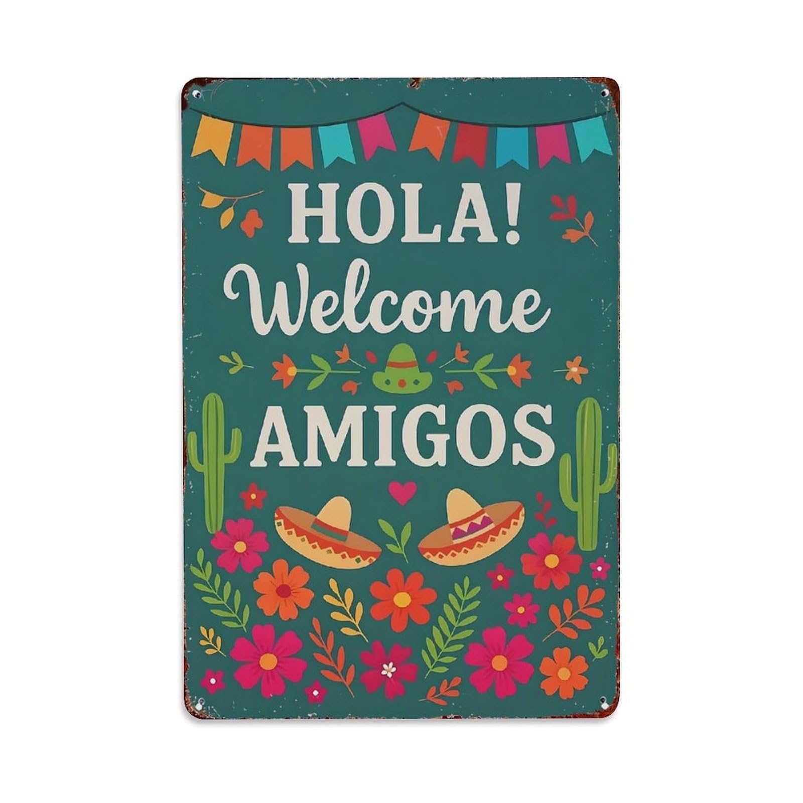 Jdfenggu Vintage Hola Welcome Amigos Cactus Flowers_1 Retro Metal Tin Sign, Decor Art Poster For Bar, Home, Man Cave, Kitchen, Laundry Room Gift 8X12inch