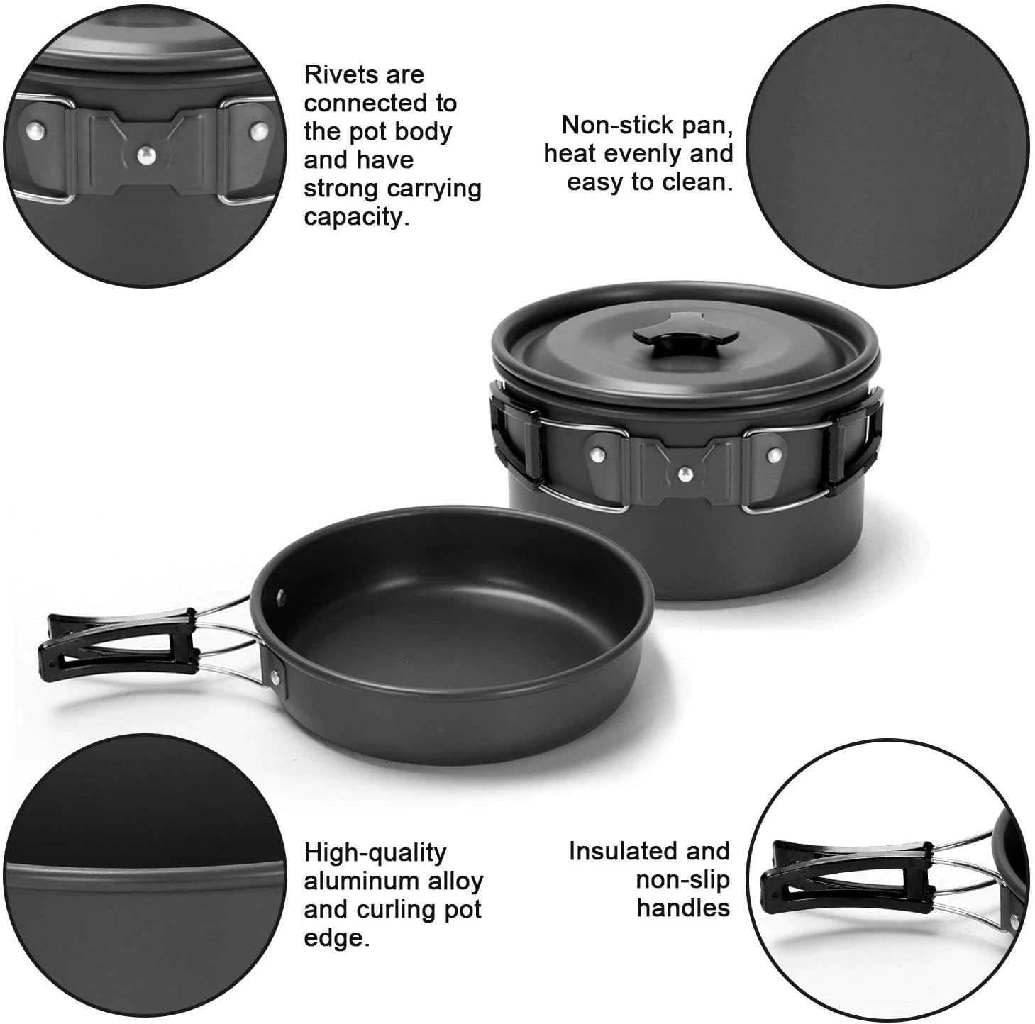 Set di pentole da campeggio, in lega di alluminio, leggero, con pentole e padelle in acciaio inox, piatti, forchette, coltelli, cucchiai, per 2-3 persone