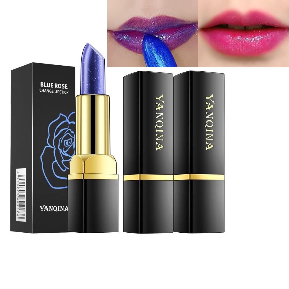PAQIMAN 2 Pcs Magic Temperature Changing Colors Lipstick ,（Blue Changed into Pink ） Long-Lasting Wear Non-Stick Cup Not Fade Waterproof Lipstick Lip Gloss for Women.