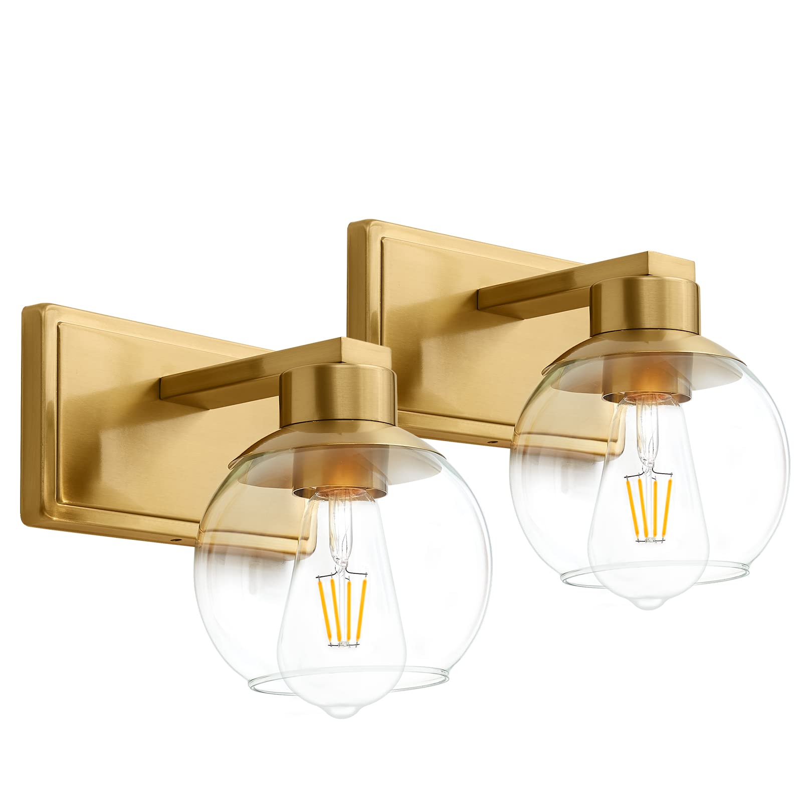 PAZALA Gold Sconce Single Vanity Wall Lighting for Bedroom Bathroom Wall Lights Fixtures, Globe Glass Shade Brushed Brass 1-Light 1698-1-JS