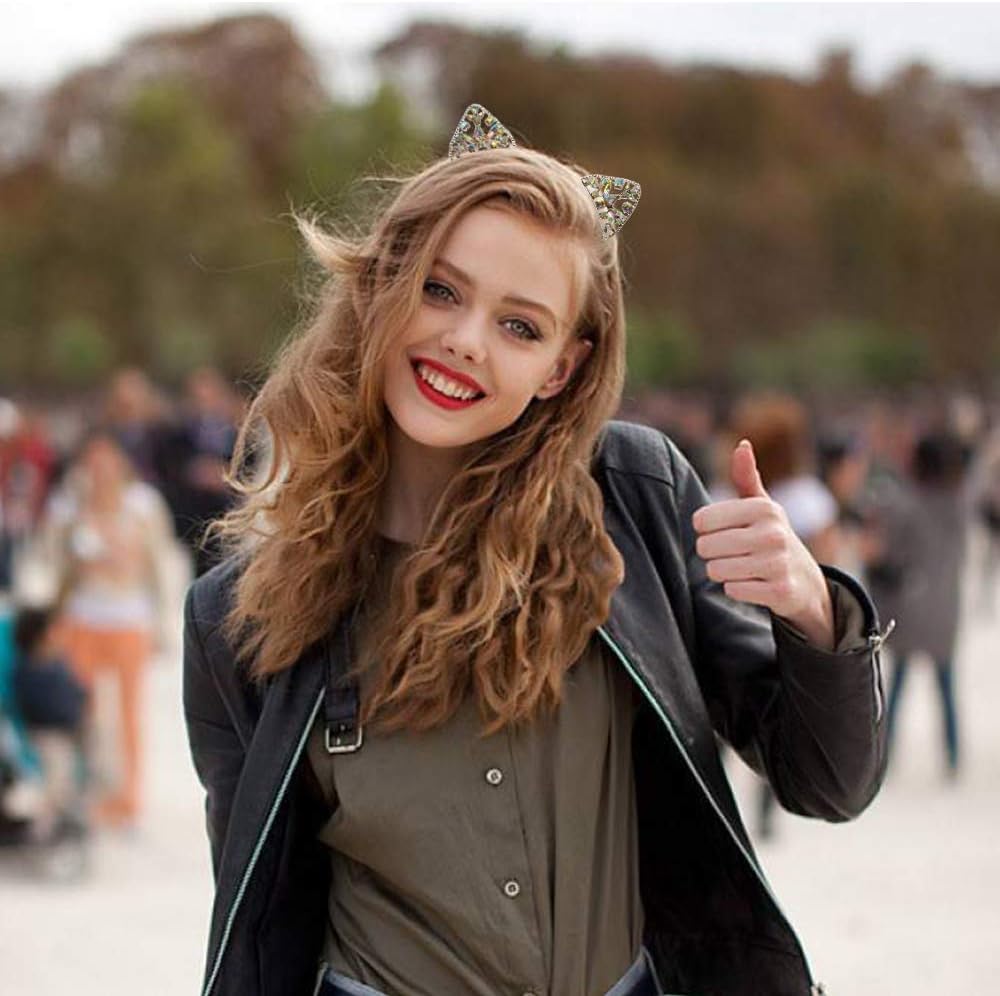 Cat Ears Headband Rhinestone Cat Hair Bands Crystal Halloween Hair Hoop Women Hairband Party Decoration Headdress Cosplay Costume Headwear Handmade Headpiece Makeup Hair Accessories 3 Pack - Image 2