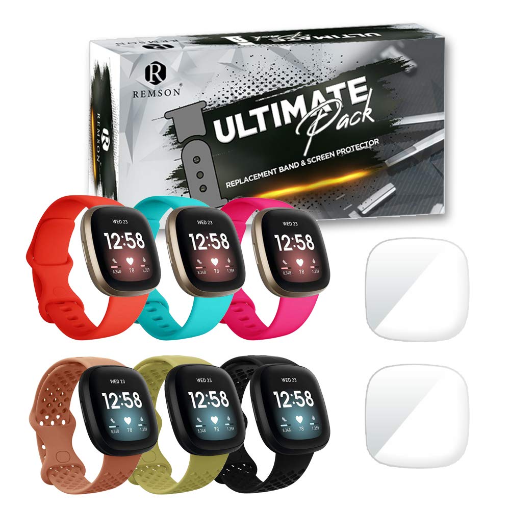 Remson Ultimate Pack of 6, Silicone Strap Band with Screen Protector Compatible With Fitbit Versa 3 and Fitbit Sense, Replacement Band With Screen Protector