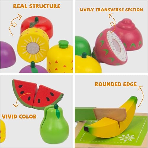 Miniatura 3 de WoodenEdu Comida de madera para la cocina de los niños, 38 piezas de juguetes para cortar frutas para niños pequeños simulan verduras, regalo para
