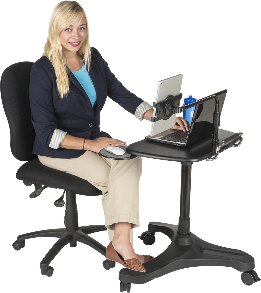 Displays2go, Rolling Laptop Stand, Polypropylene and ABS Plastic Construction, Floor Standing – Black and Gray Finish (ADTMWSG7)