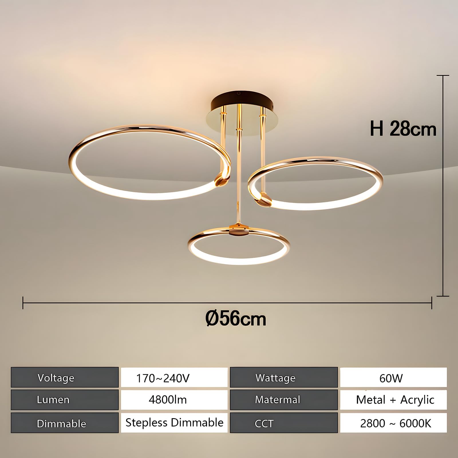 LED Deckenleuchte, Ø56cm Goldener Metallkreis Kronleuchter, 60W Stufenlos Dimmbar 3000–6000K Moderner Runder Galvanisierter Anhänger Schlafzimmer Wohnzimmer Kinder Büro Arbeitszimmer (3 Ringe)
