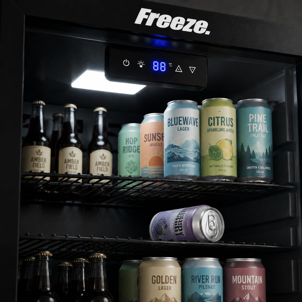 FREEZE. NinetyB+ 86L Getränkekühlschrank, Mini-Kühlschrank für 126 Dosen, Glastürkühlschrank, Weinkühler, kleiner Kühlschrank mit Glastür und verstellbaren Regalen, frostfrei, Schwarz