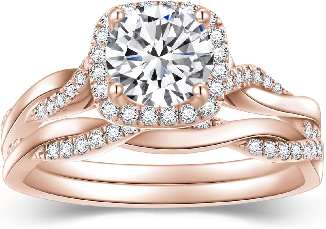 1.37 Carat (ctw) Round-Cut Moissanite Twisted Wedding Engagement Ring Set for Women, White Gold Bridal Sets Wedding Band Engagement Rings, Customizable 925 Sterling Silver, 10k gold, 14k gold, 18k gold