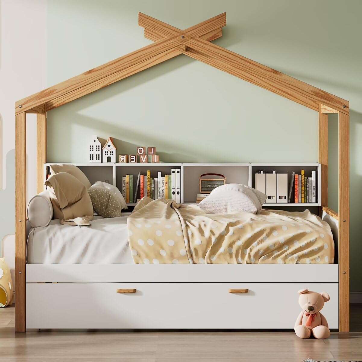 JIJIWANG Full Size Wooden House Bed with Twin Size Trundle and Bookshelf Storage Space, Original Wood Colored Frame with Roof and Slats Support for Kids Teens Girls Boys Bedroom (White+Trundle, Full)