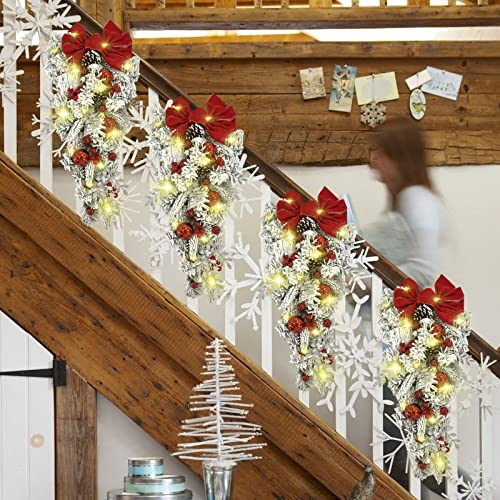 Christmas Wreaths Decorations for Front Door Cordless Red and White Holiday Trim Wall Hanging Christmas Garland Christmas Door Wreath Outdoor Indoor Xmas Home Decor for Christmas Tree - Thumbnail 5