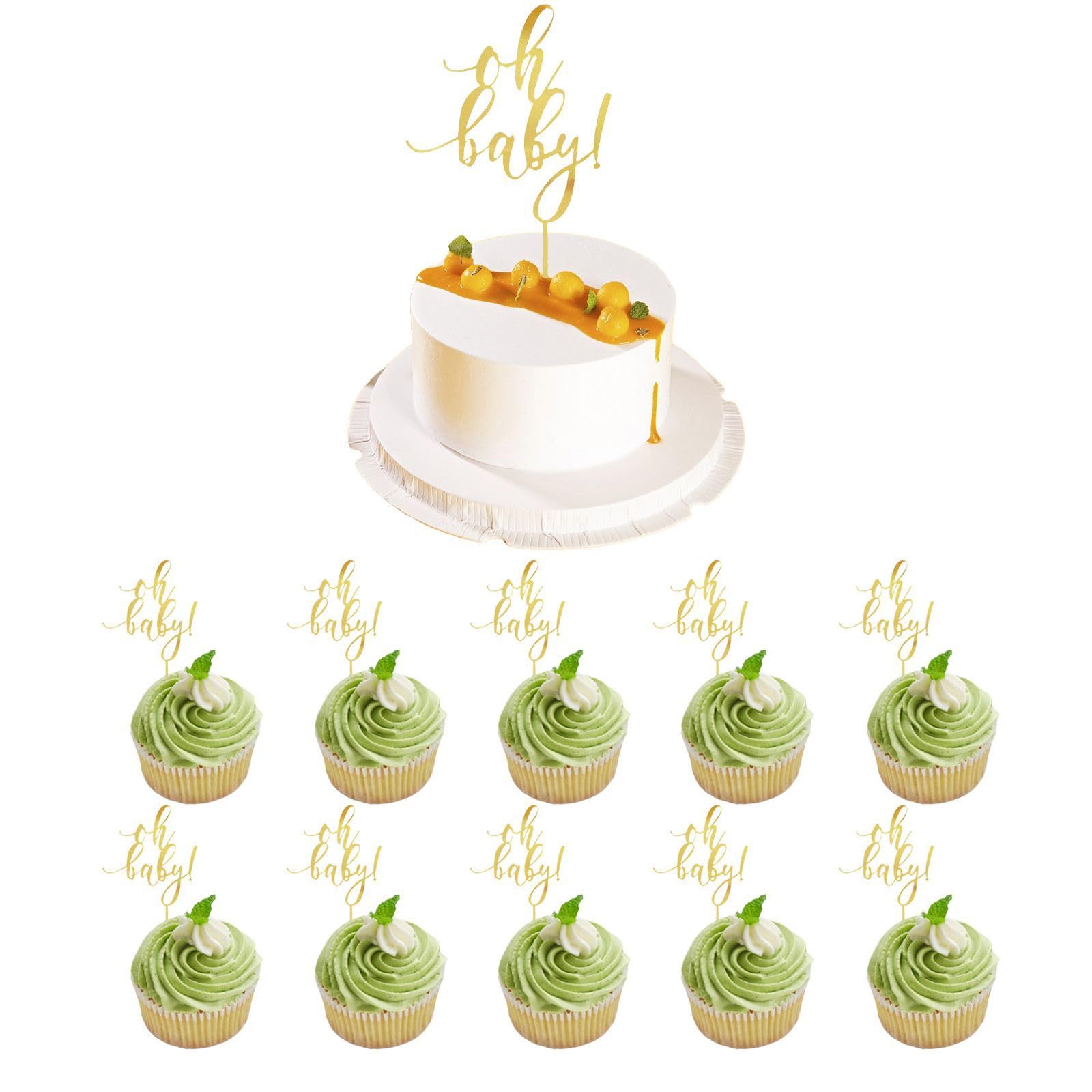 11 Pcs Oh Baby Cake Topper, Acrylic Birthday Cake Decoration, Double Sided Glitter Handwritten Birthday Cake Topper for Anniversaries, Parties, Weddings, and Valentine’s Day (Gold)