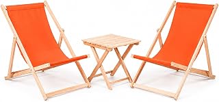 Merino Wool ZESTAW 2 x LLOUNGER + STÓŁ Nowoczesne Leżaki Do opalania Wyściełane Drewniane Krzesło Ogrodowe Morskie PATIO SEASIDE Składane Twarde Drewno Plaża (Pomarańczowy)