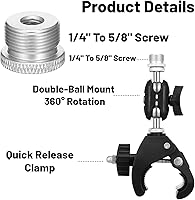 Vista 4 de Soporte para micrófono, abrazadera de cangrejo de micrófono con ajuste de cabeza de bola doble, soporte de micrófono de rosca de 1/4 a 5/8 pulgadas