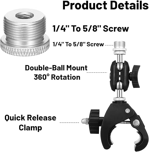 Miniatura 4 de Soporte para micrófono, abrazadera de cangrejo de micrófono con ajuste de cabeza de bola doble, soporte de micrófono de rosca de 14 a 58 pulgadas