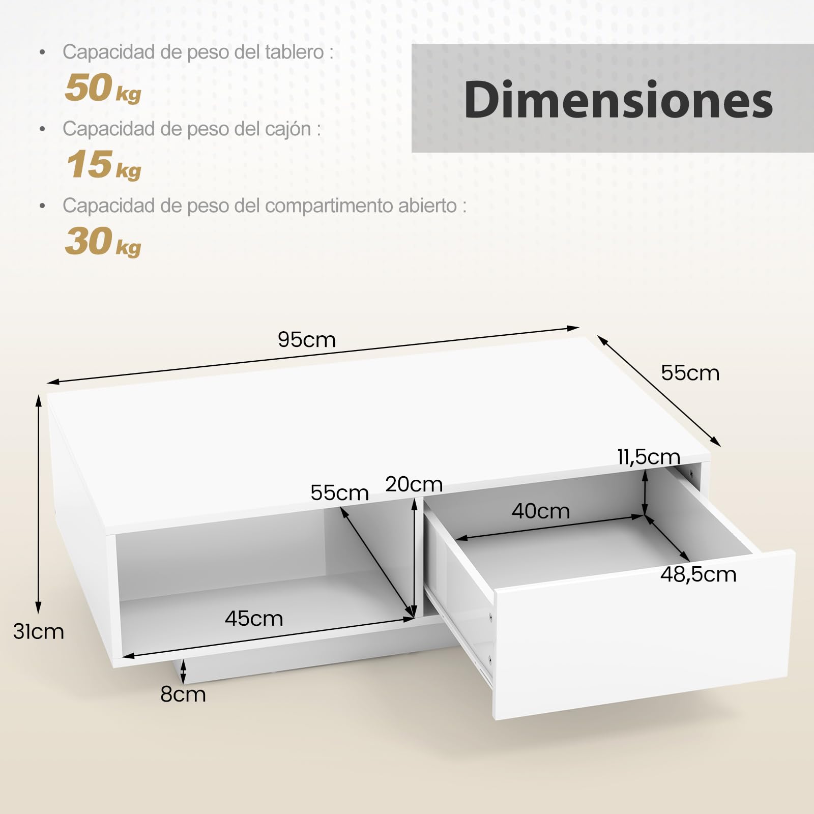 COSTWAY Mesa de Centro con 20 Colores de Luces LED, Mesa Moderna Rectangular con Control Remoto, Mesa Inteligente de Cóctel con Cajón y Estante Abierto, Mesa de Centro para la Sala de Estar (Blanco)