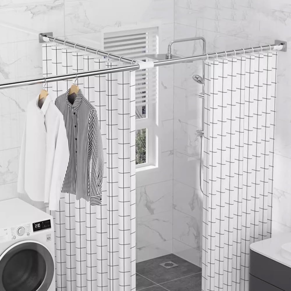 Barra de cortina de ducha ajustable en forma de T, barra de ducha telescópica de acero inoxidable para baño, bañera y vestuario (1,4-2,2 x 0,7-1,1 m), diseño moderno, fácil instalación