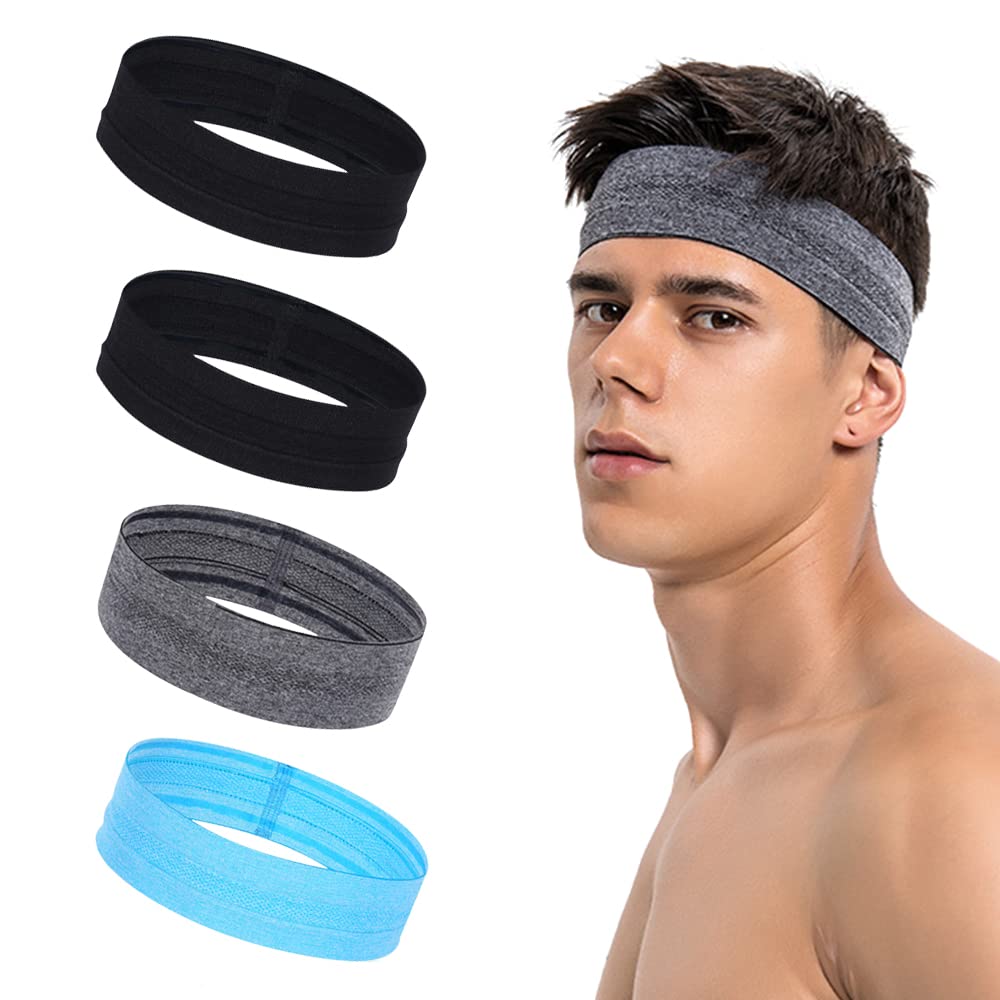 Ubervia® Mens Headband (4 Pack), Mens Sweatband & Sports Headband for Running, Cycling, Basketball - Stretchy Moisture Wicking Hairband (Black/Black/Grey/Sky Blue)-image-36