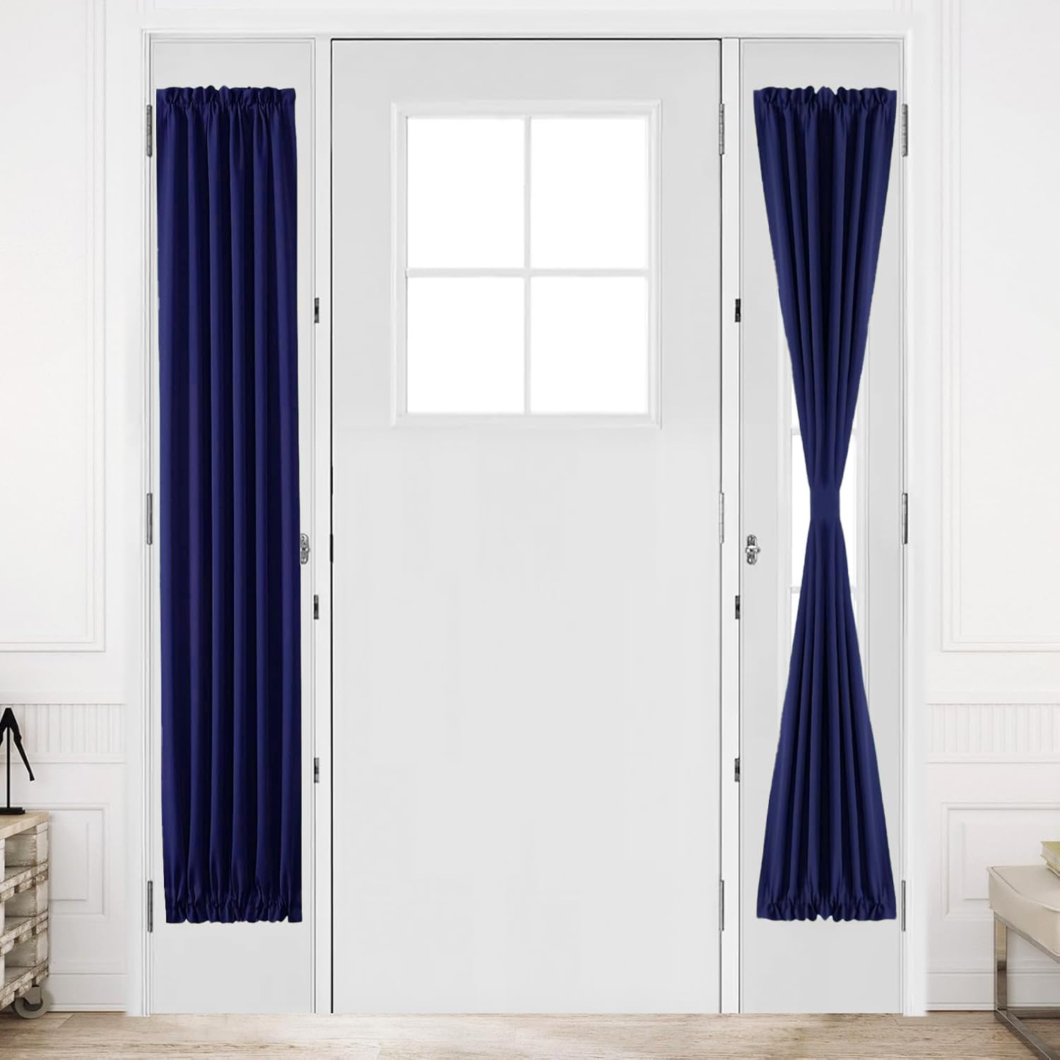 DWCN French Door Curtains – Rod Pocket Thermal Blackout Curtain for Doors with Glass Window, Kitchen and Patio Doors for Privacy, 12 X 72 Inches Long, 1 Curtain Panel with Tieback, Dark Blue — image 1
