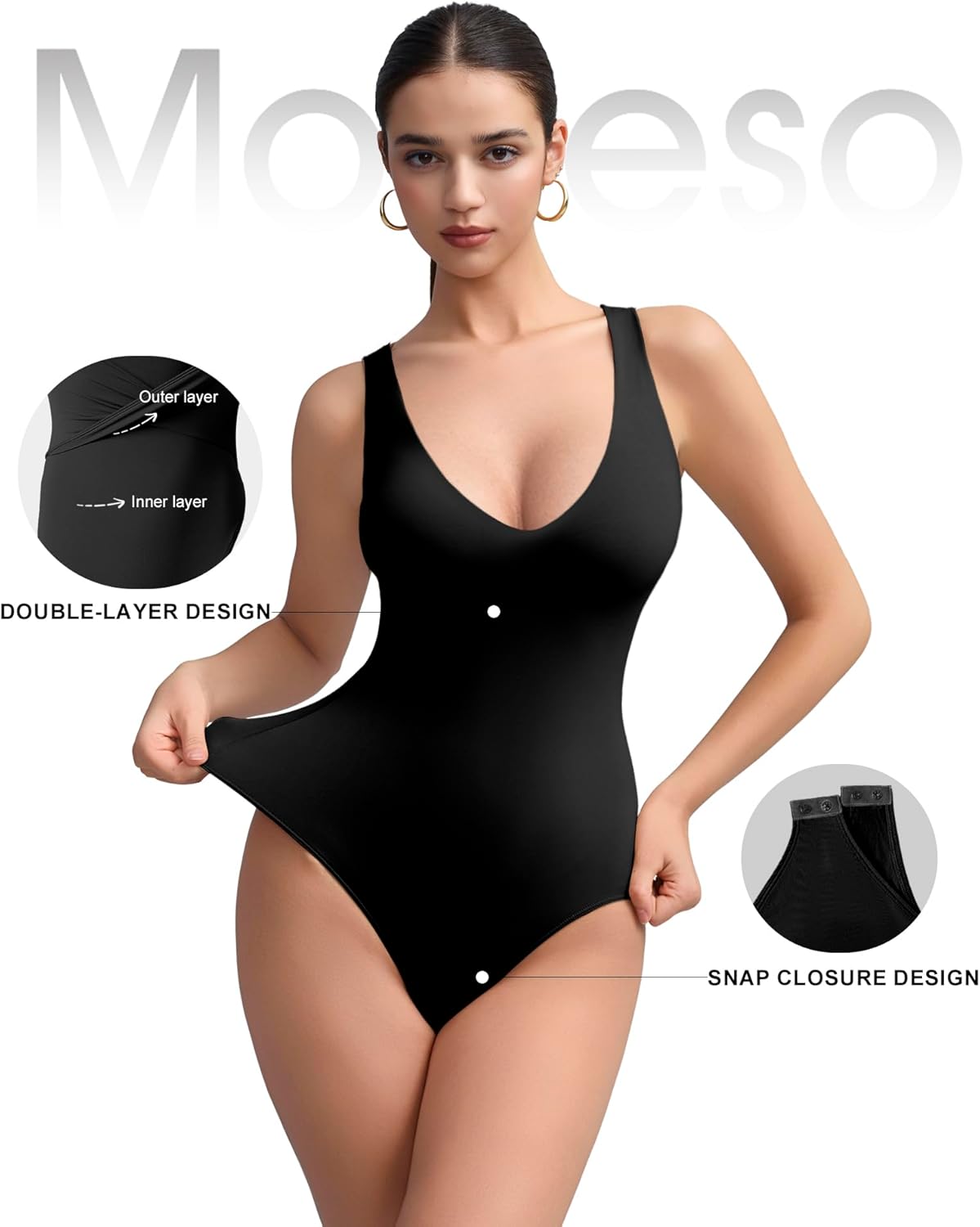 Women's Double-Lined Deep V Neck Bodysuit - Backless Sexy Sleeveless Thong Body Suits Tank Tops (Non-See Through) - Image 4