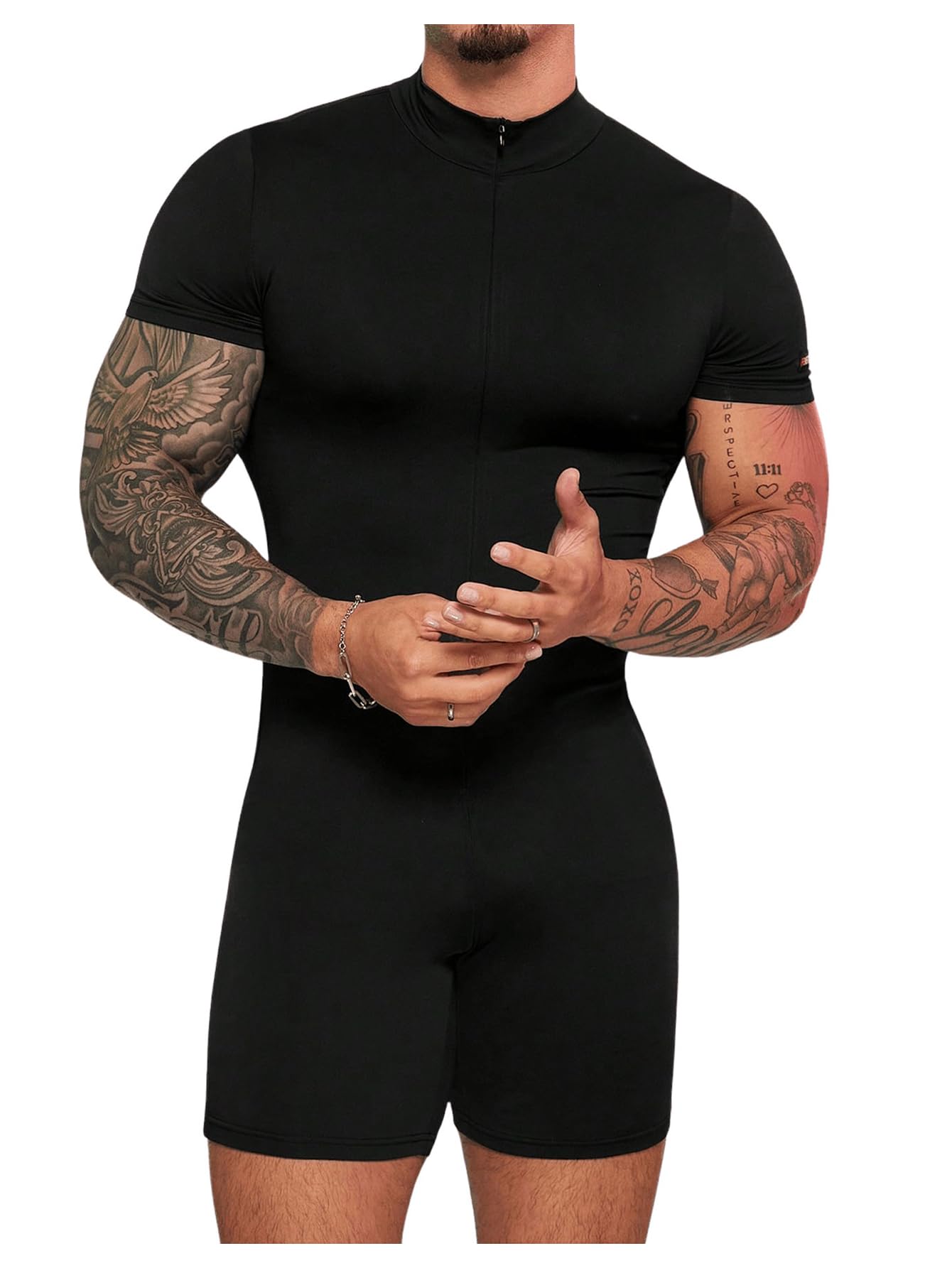 Men's Mock Neck Bodysuit Full Body Zip Up Leotard Slim Fit Jumpsuits