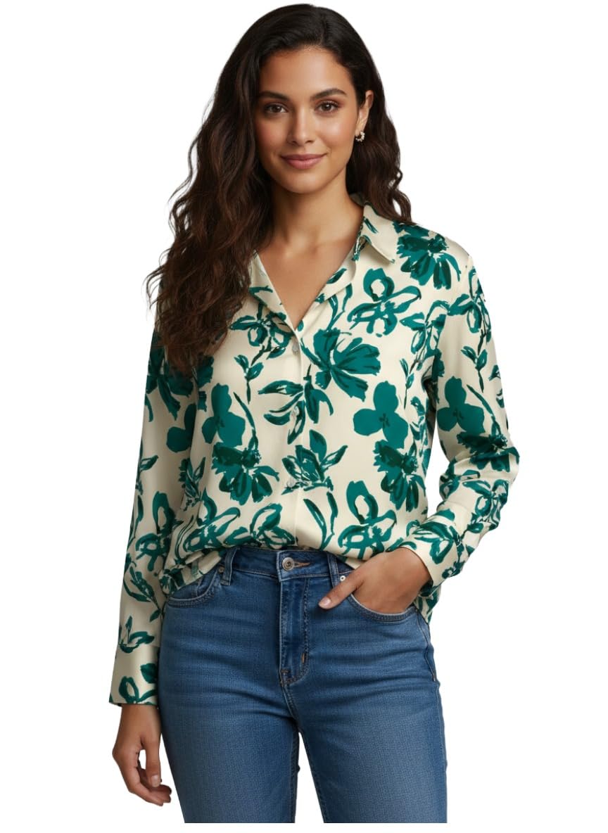 ANNI Designer Bedrucktes Hemd aus Baumwollmischung für Damen, langärmelig, normale Passform, Hemdkragen, lässig, Bürokleidung, stilvolle Westernkleidung für den Alltag, Hochzeit, Party