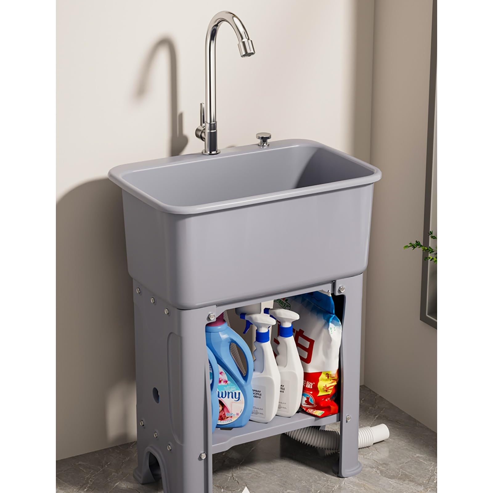 HCZKIUJY Kitchen Utility Sink,Laundry Room Plastic Sink Utility Freestanding Catering Commercial with Faucet + Storage Shelves Drainer Unit for Garage Restaurant Kitchen Room. (Gray-40x60x76.5cm)