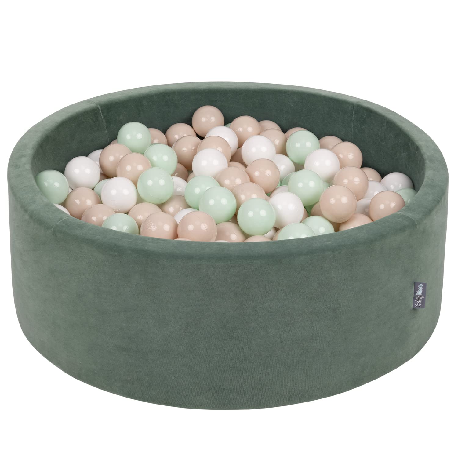 KiddyMoon Soft Ball Pit Round 90X30cm/300 Balls ∅ 7Cm / 2.75In For Kids, Foam Velvet Ball Pool Baby Playballs, Made In EU, Forest Green:Pastel Beige/White/Mint