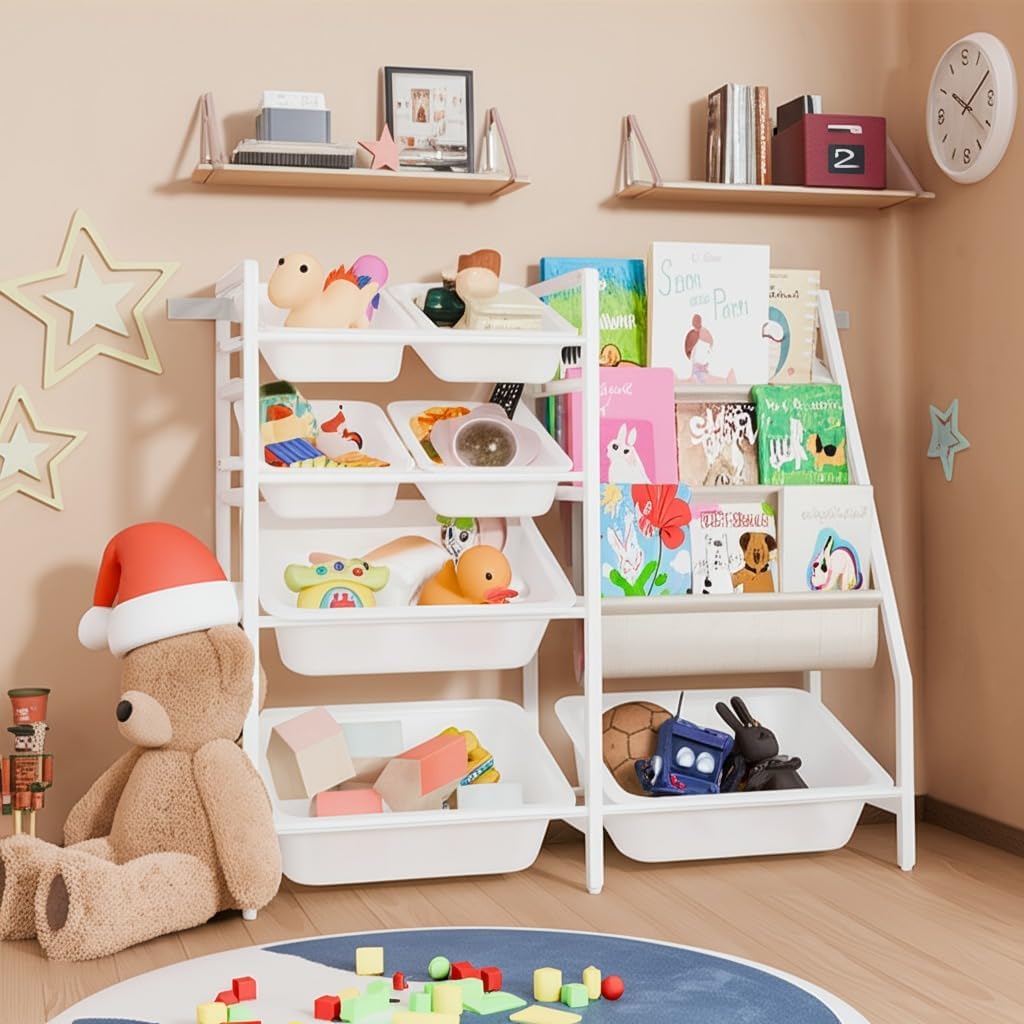 Kids Bookshelf and Toy Organizer, 4-Tier Toy Storage with 7 Removable Plastic Bins, Montessori Bookshelf Storage for Kids & Toddlers, Nursery Book Shelves for Playroom, Bedroom, Kids Room,White