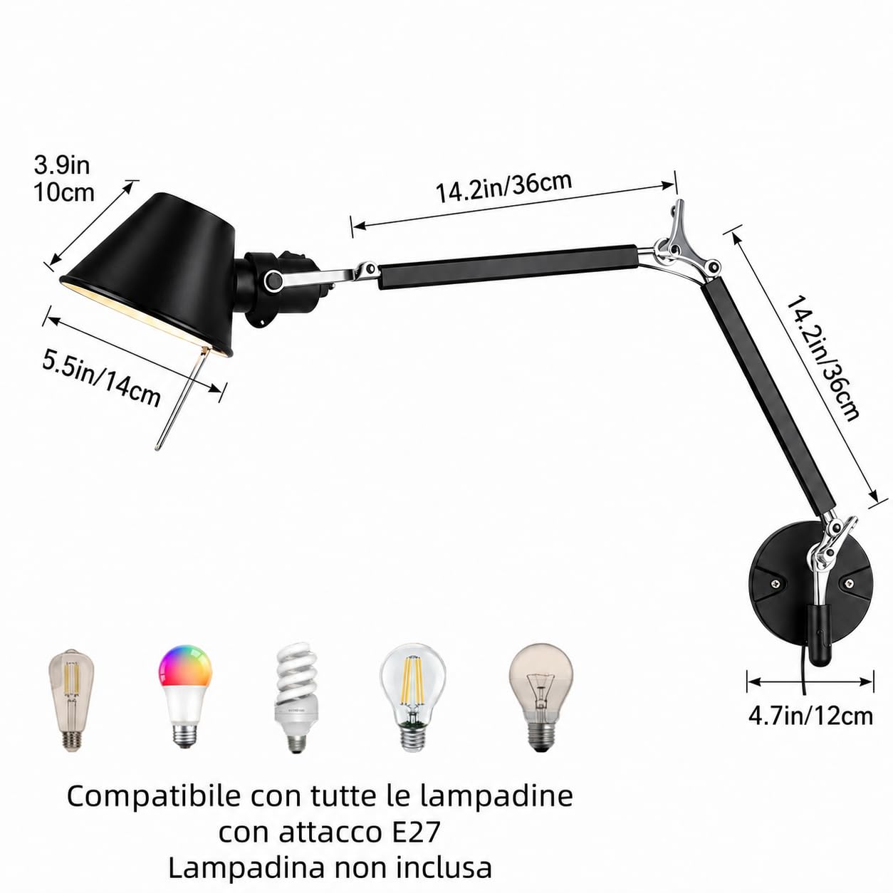 Applique da Parete con Braccio Orientabile, Lampada da Parete Industriale Plug in con Braccio Regolabile, Lampada da Lettura da Parete per Soggiorno, Camera da Letto, Studio e Ufficio