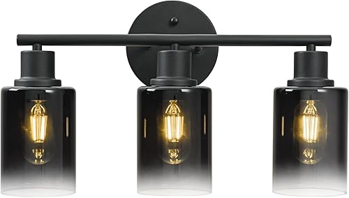 Lámparas de baño negras mate sobre el espejo, 3 lámparas de baño con pantalla de vidrio degradado negro, accesorios de iluminación de baño de 18