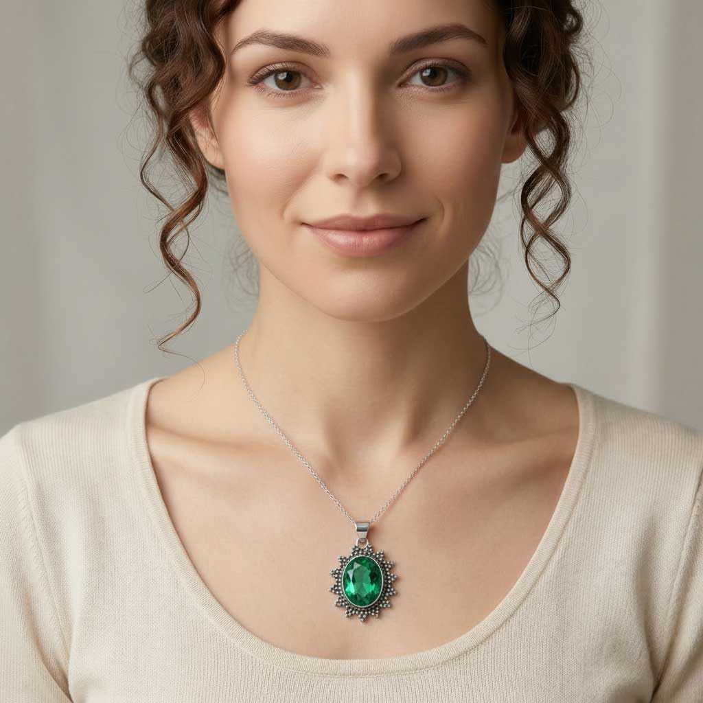 JEWELOPORIUM Boho Handmade Jewelry Chunky Natural Gemstone Turquoise, Crystal, Rose Quartz, Moonstone Oval 925 Sterling Silver Plated Pendant Necklace For Women