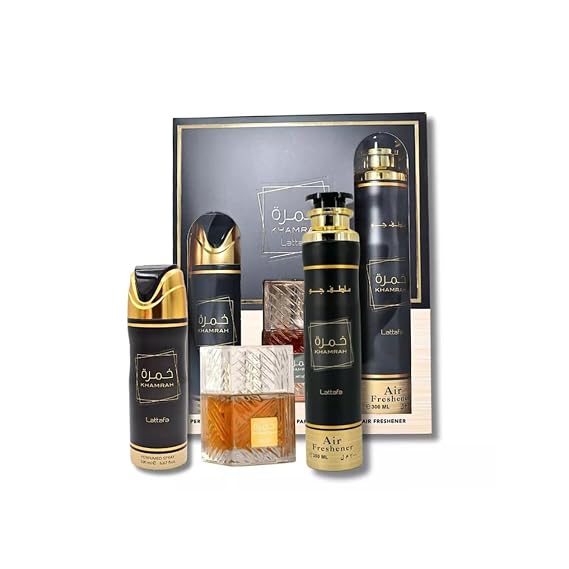 Lattafa Khamrah For Unisex 3 Piece Gift Set (3.4 Fl Oz EDP + 6.67 Fl Oz Deo + 10.14 Fl Oz Air Freshener)