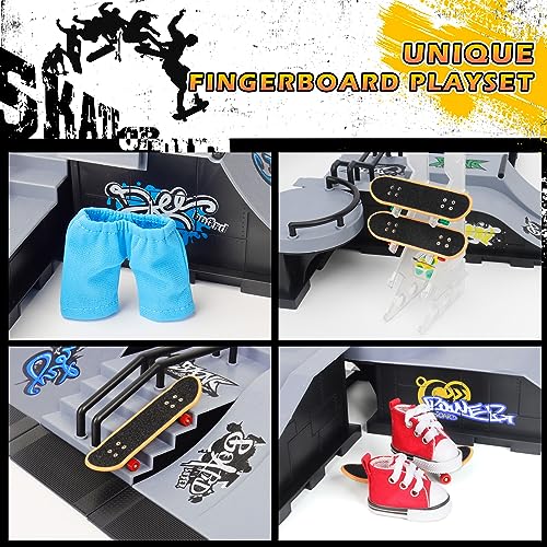 KETIEE Bigger Skate Park Kit: 6 in 1 Finger Skateboard Deck Ramp Set | Ultimate Finger Skatepark Props | Finger Toys with 4 Mini Fingerboards 6 Ramps Shorts Sneakers Display Holder | Gift for Kids - Thumbnail 4