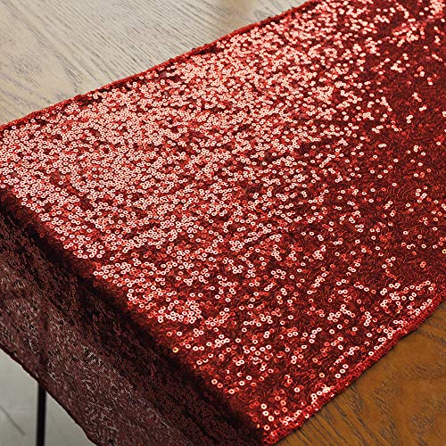 BLUETOP 5PCS Party Table Runners Red 72 Inch Sequin Table Runner, 20 Pieces Balloons, 2 Pieces White String for Birthday Wedding Party Celebration Activity Decorations