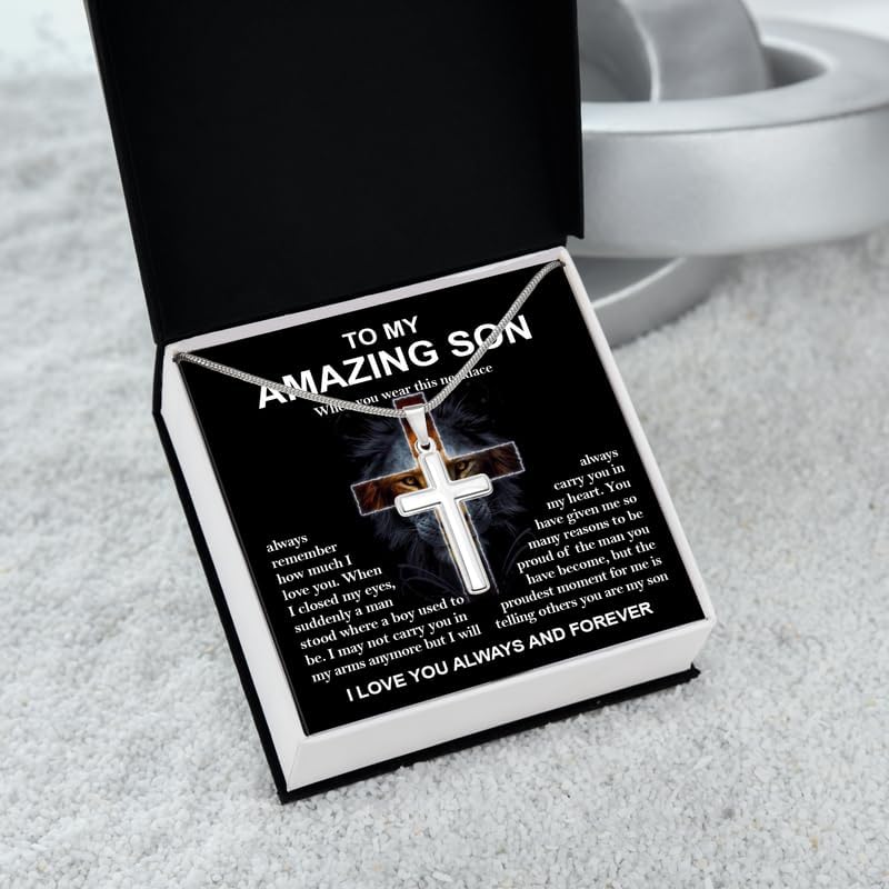 Cross Necklace for Son, To My Son Necklace from Mom and Dad, Christmas Gifts with Message Card and Box - Image 2