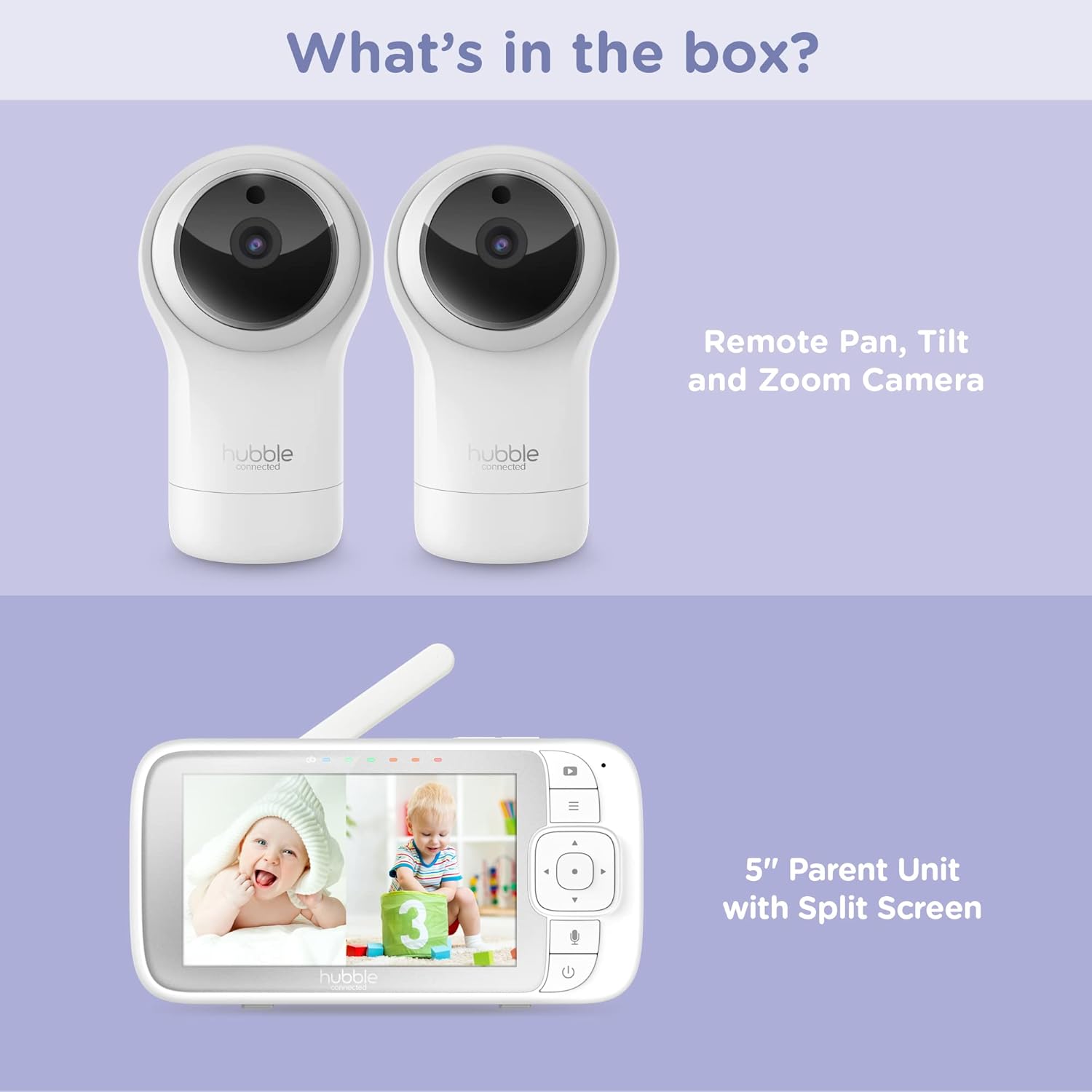 Contents of the Hubble Connected View Pro Twin package, showing the parent unit and two cameras.