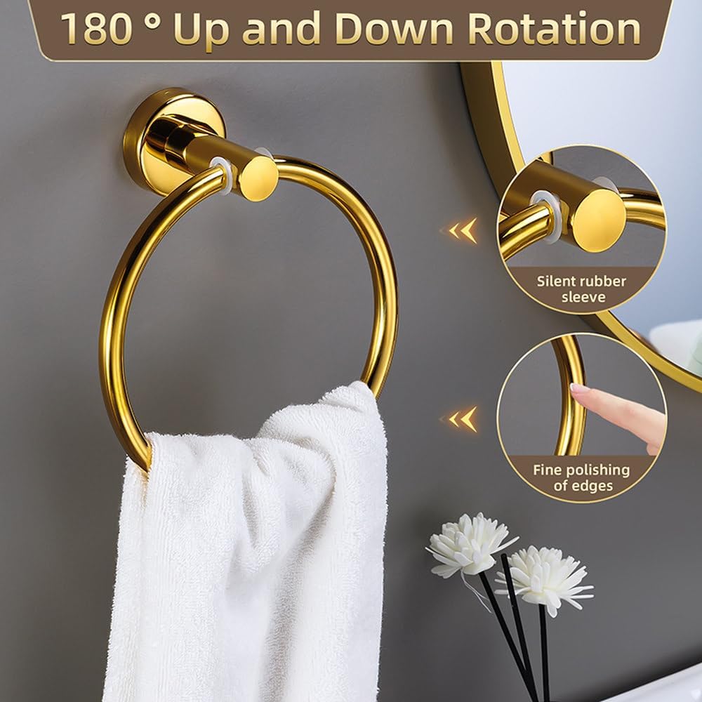 ブライトゴールドバスルームハードウェアセットアクセサリー304ステンレススチールタオルバートイレットペーパーホルダーフックバスルーム  バスルームハードウェアセット、壁掛け高耐久バスルームアクセサリーセット、ブラックタオルバータオルリングトイレットペーパー ...