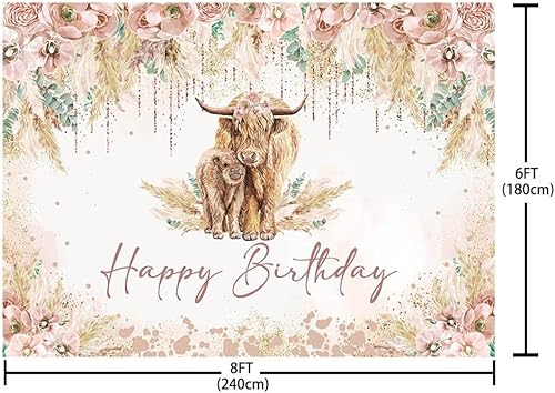 Vista 12 de Pancartas de cumpleaños con temática de vaca de las tierras altas de 7 x 5 pies, diseño de vaca de las tierras altas, decoración de pared, fondo