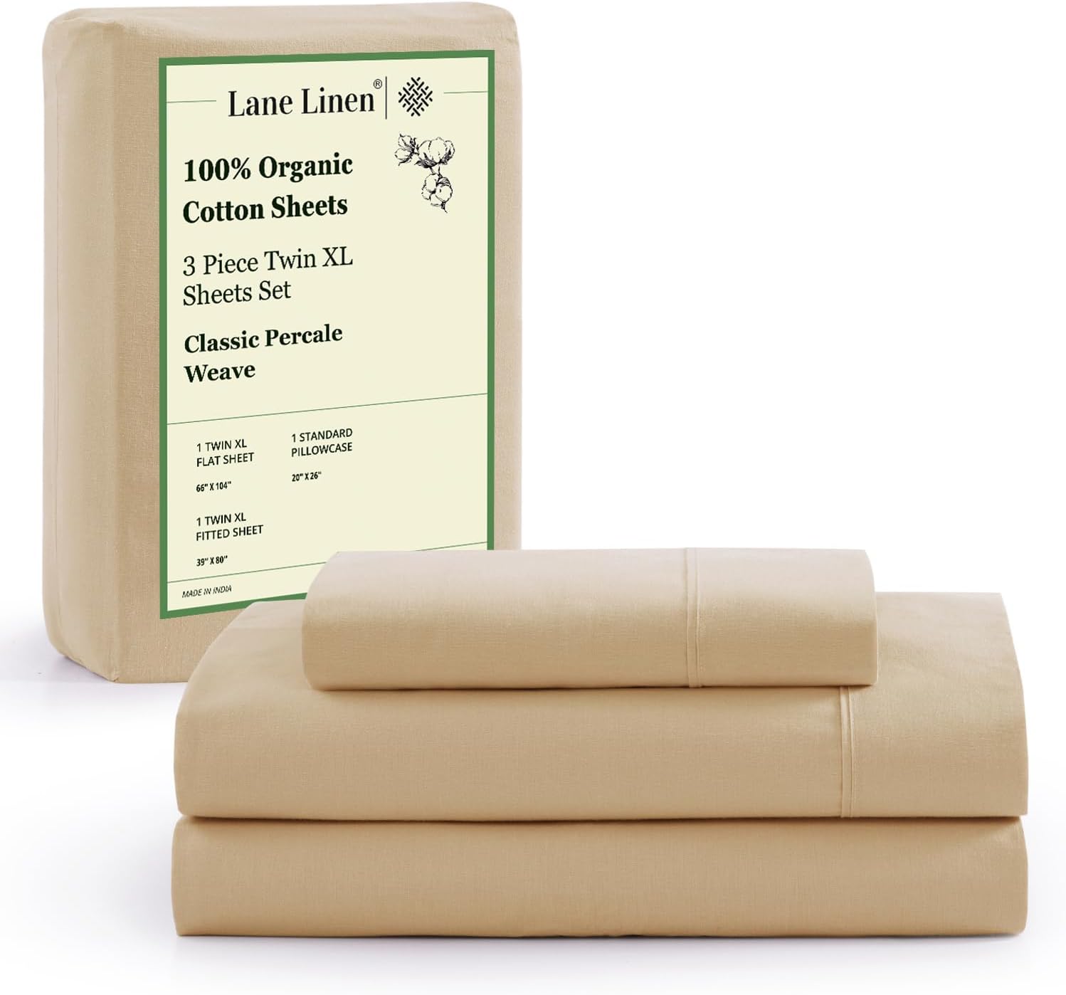 LANE LINEN Twin XL Sheets Set, 100% Mercerized Organic Cotton Twin XL Bed Sheets Set with sily Touch Finish, Soft and Comfy Fully Elasticized Percale Weave Low Pilling XL Twin Sheets Set -Linen